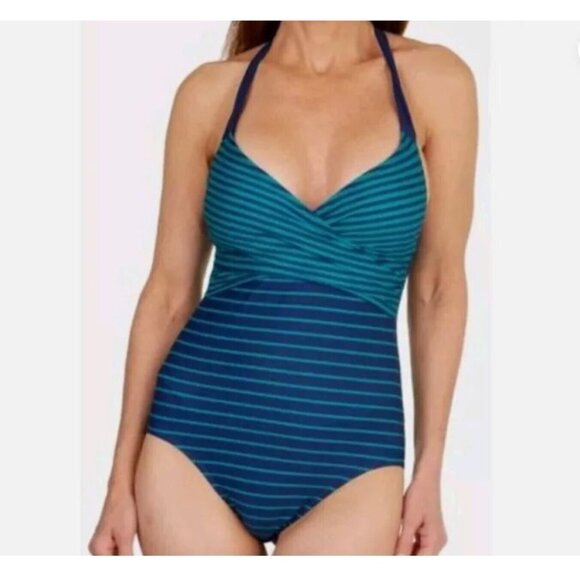 Penbrooke One Piece Swimsuit Womens Plus 3X Blue Stripe Halter Crossover Stretch - Picture 1 of 8